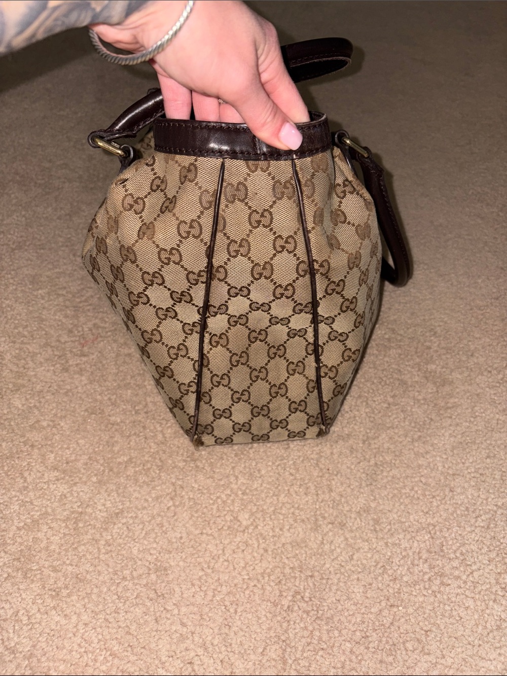Gucci Beige GG Canvas Shoulder Bag with Brown Trim and Gold Charm - Picture 9 of 15
